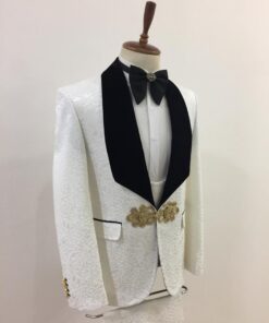 Demarquez-vous white and Black 3 Pieces velvet lapel wedding Tuxedo
